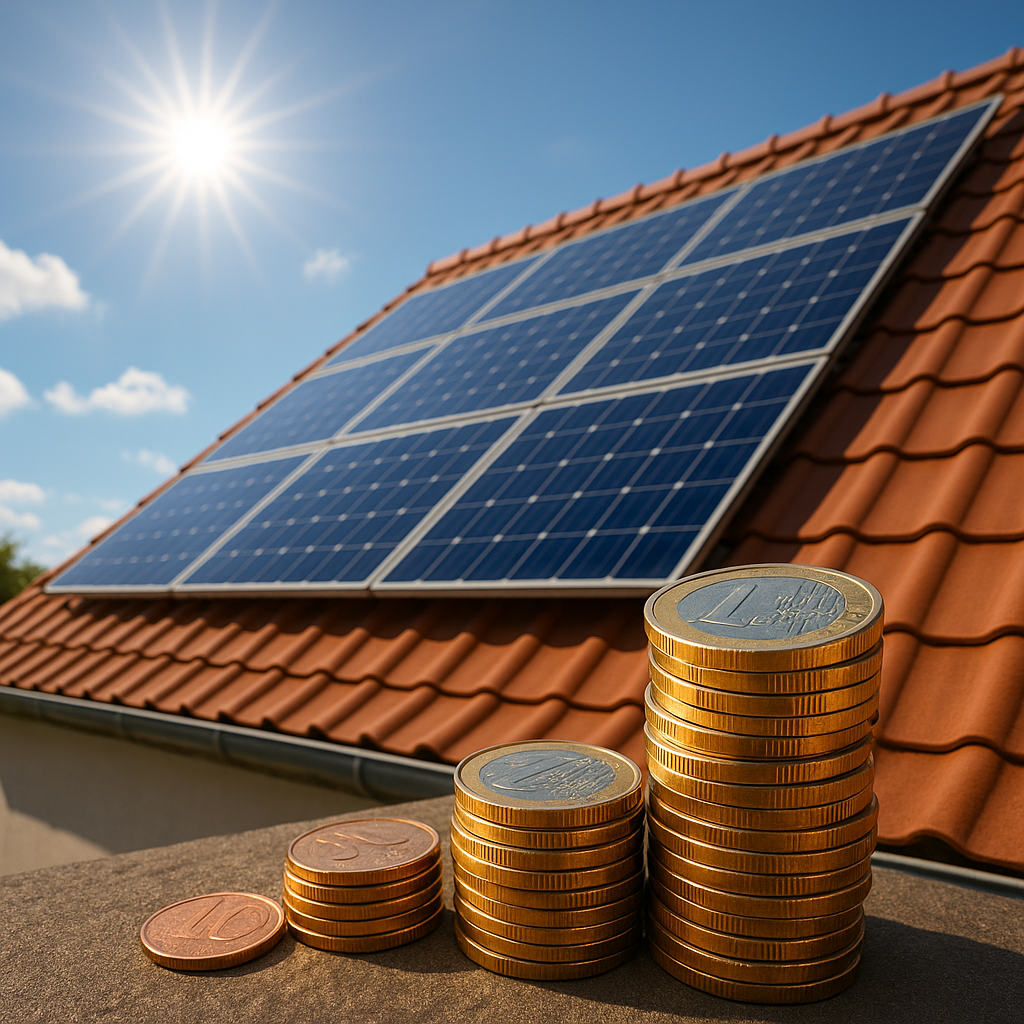 Solarmodule auf einem Hausdach bei Sonnenschein, im Vordergrund ein Stapel Euro-Münzen als Symbol für finanzielle Förderung und Einsparungen durch Photovoltaik