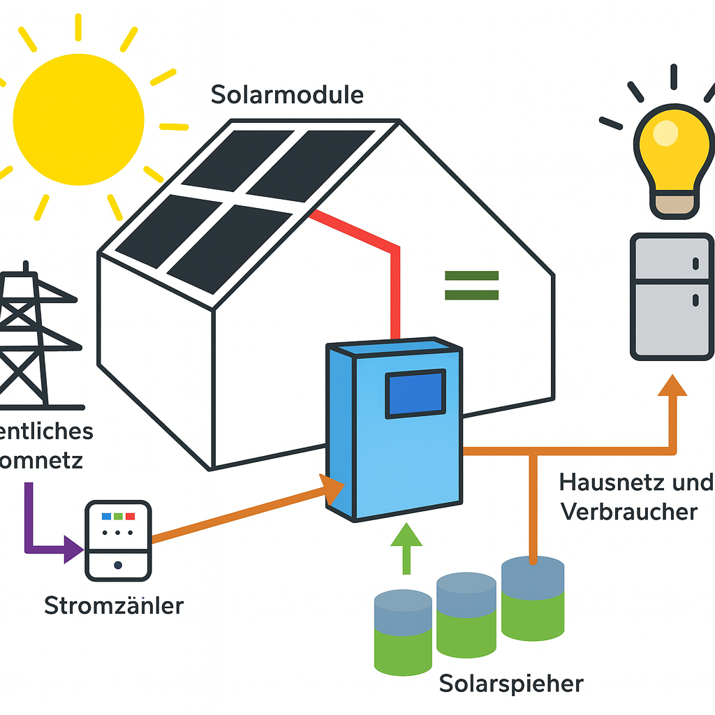 Diagrama esquemático de um sistema fotovoltaico com bateria e rede